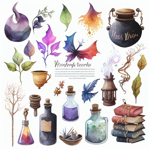 wizardry magic water colour clip art set of 20 images on a white background