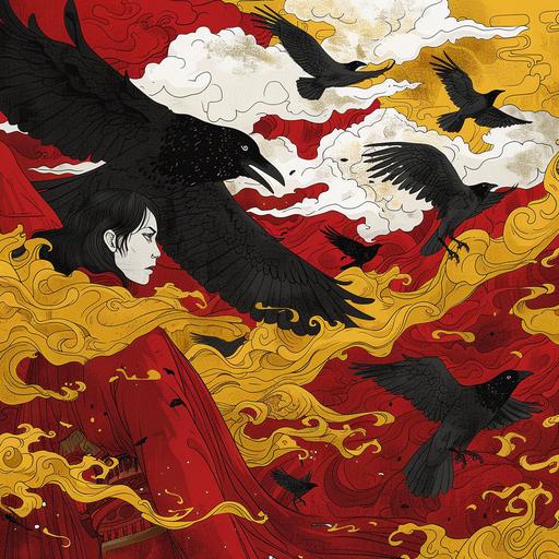 wizards and wolves drawing, crows, flowing clouds and waves, in the style of light black and red, asaf hanuka, victorian-inspired illustrations, rich yellow and dark crimson, psychological depth in characters, edogawa ranpo, nightmarish creatures