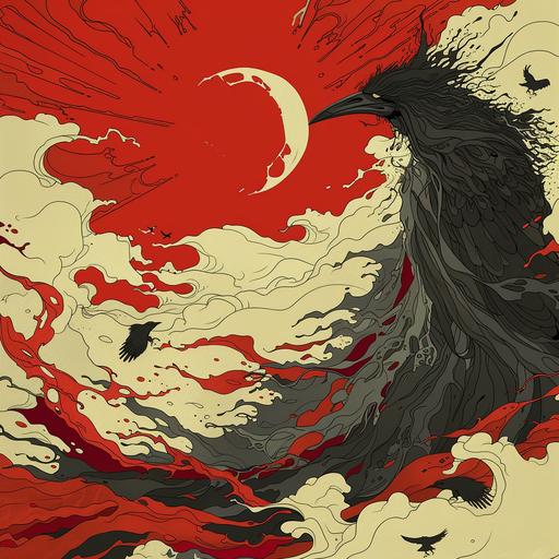 wizards and wolves drawing, crows, flowing clouds and waves, in the style of light black and red, asaf hanuka, victorian-inspired illustrations, rich yellow and dark crimson, psychological depth in characters, edogawa ranpo, nightmarish creatures