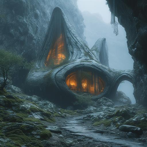 wizards geodesica hut magical,ufo architecture, suspended,alien organic, twisted,wooden mystical,geometric futuristic facade,Minimal, moody lighting, vibrant,overgrown futurism