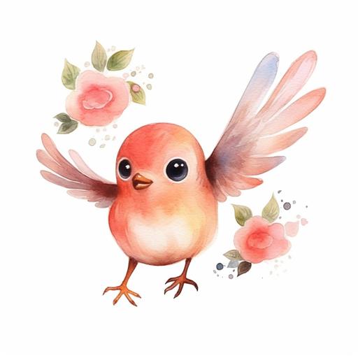 wo baby bird flying , rose, cute cartoon watercolor, simple, minimalist, nursery ilustration