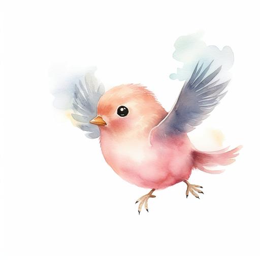 wo baby bird flying , rose, cute cartoon watercolor, simple, minimalist, nursery ilustration