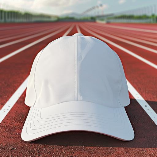 A mockup of a white cap, front view, with an athletics track in the background, in the style of hyper-realistic photo rendering.