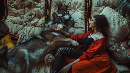wolf and red riding hood, sitting on the comfortable couch, holding hands, cinematic photography, 44mm canon lens, --ar 16:9 --s 250