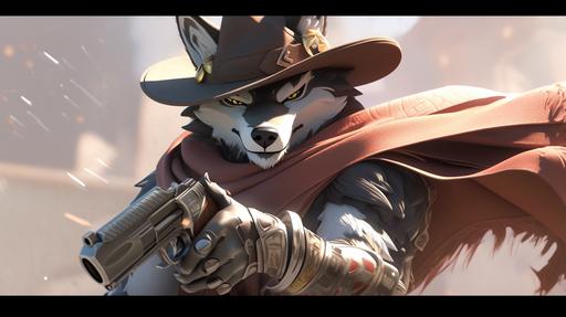 wolf cowboy gunslinger wearing sombrero, cartoon, epic angle, cinematic, legendary, 8k resolution --ar 16:9 --niji