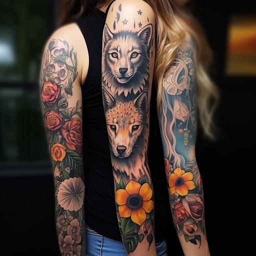 wolf, dreamcatcher, butterfly, tulip, daisy, sunflower full arm sleeve in any style