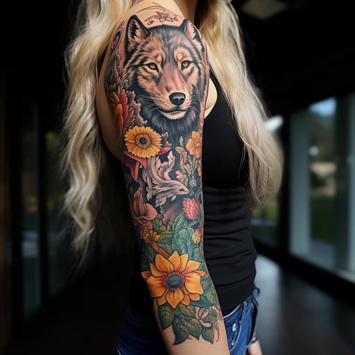 wolf, dreamcatcher, butterfly, tulip, daisy, sunflower full arm sleeve in any style