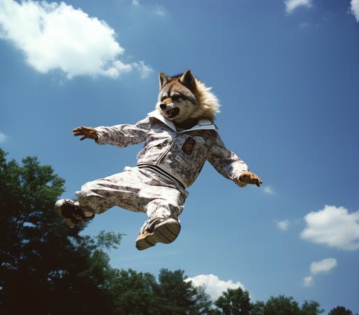 wolf mascot flying in the air doing splits, Nikon FM2, 50mm --ar 32:28 --v 5.2