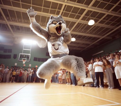 wolf mascot on the court, jumping high, doing splits, Nikon FM2, 50mm --ar 32:28 --v 5.2