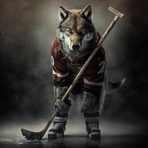 wolf mascott with hockey stick