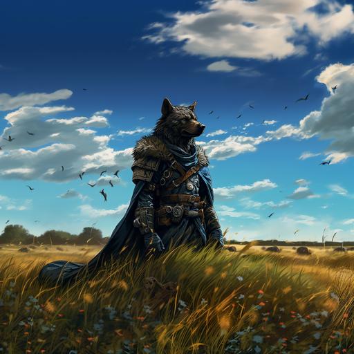 wolf soldier, gray fur, armor, back to camera, bright blue sky, bright green grass, a couple birds flapping in the distance, adventurous, epic, detailed, digital art --v 5.2