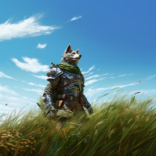 wolf soldier, gray fur, armor, back to camera, bright blue sky, bright green grass, a couple birds flapping in the distance, adventurous, epic, detailed, digital art