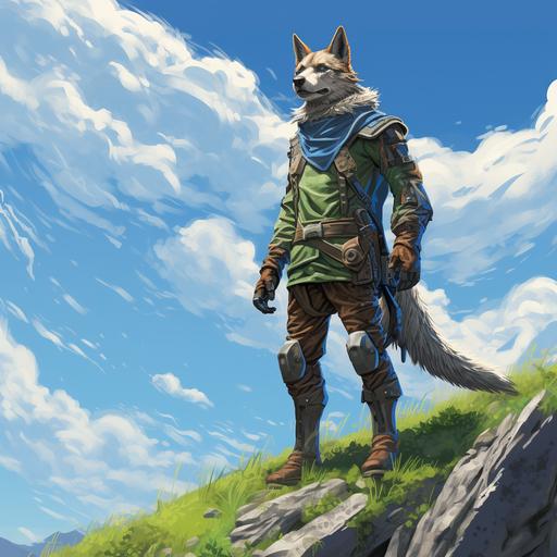 wolf soldier, standing upright on a cliff, bright blue sky, bright green grass, adventurous, detailed, digital painting