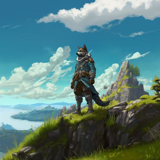 wolf soldier, standing upright on a cliff, bright blue sky, bright green grass, adventurous, detailed, digital painting
