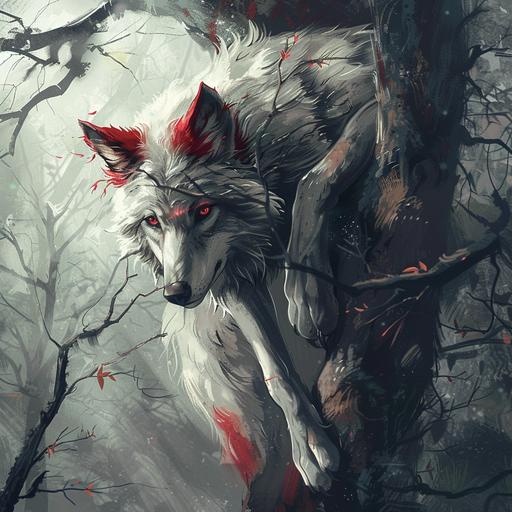 wolf with red ears and the tip of her tail is red climbing a tree