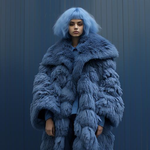 womam decked out in couture baby blue and indigo fur coat brutalist liminal space --v 5.2