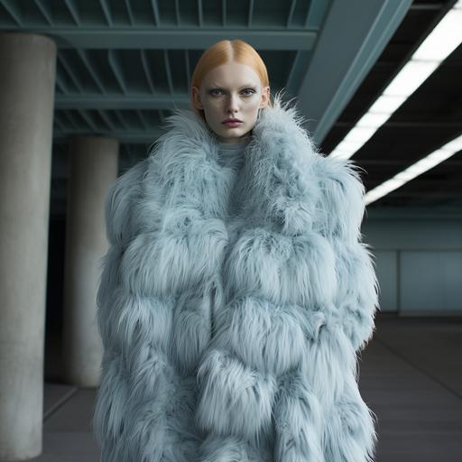 womam decked out in couture baby blue fur coat brutalist liminal space --v 5.2