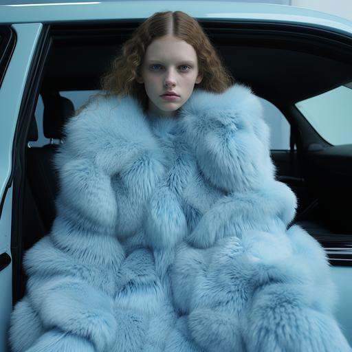 womam decked out in couture baby blue fur coat brutalist liminal space --v 5.2