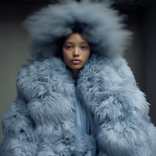 womam decked out in couture baby blue indigo fur coat brutalist liminal space --v 5.2