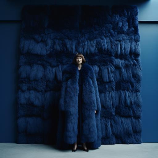 womam decked out in couture indigo fur coat brutalist liminal space --v 5.2
