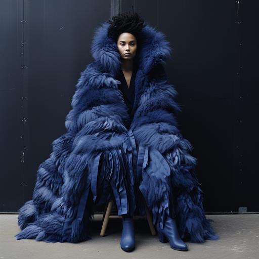 womam decked out in couture indigo fur coat brutalist liminal space --v 5.2