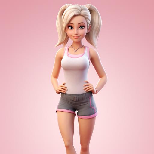 woman, 30 years old, white, straight blonde shoulder-length hair, square face, light brown eyes, defined body with beautiful curves, pink gym clothes, pink sneakers with white soles, short straight blonde hair, plain white backdrop, Disney style, chibi, full body, cute, smiling, unreal engine, detailed, ultra high definition, 8k