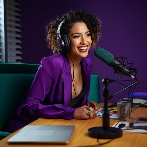 woman at desk doing podcast with headphone on infront of microphone purple teal gold black and cream