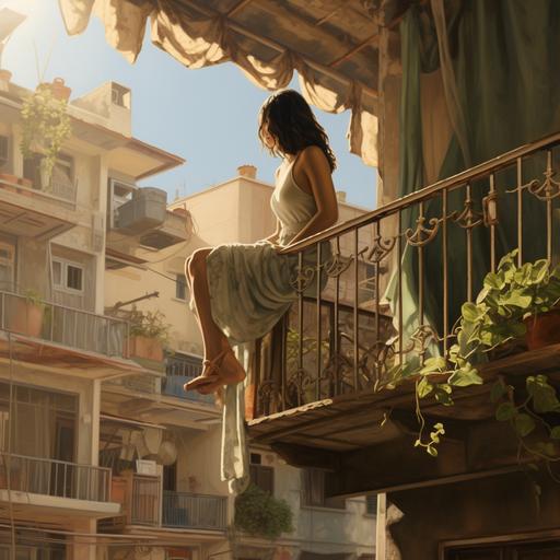 woman, barely holding onto her balcony three stories from the street