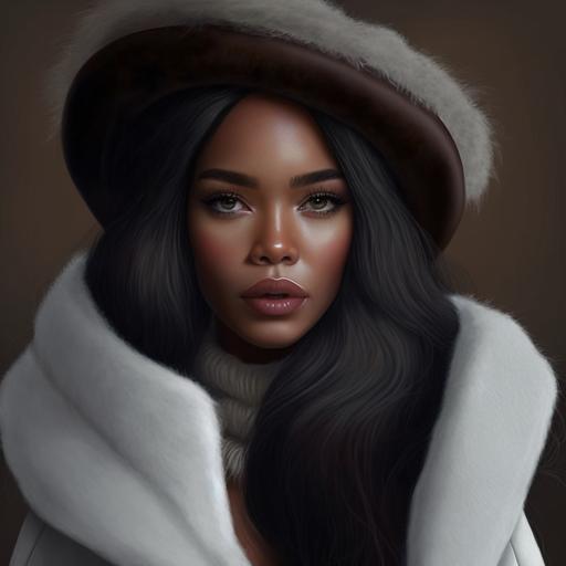 woman, black, African, Sugar Baby, brown skin, hazel eyes, long wavy black hair, wearing a white mink coat and hat