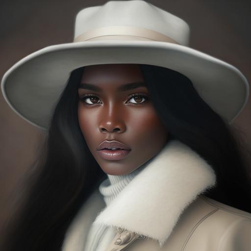 woman, black, African, Sugar Baby, brown skin, hazel eyes, long wavy black hair, wearing a white mink coat and hat
