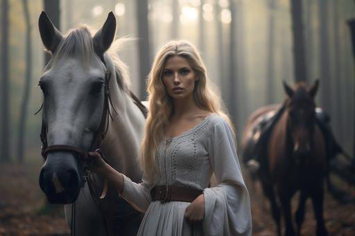 woman, blond hair, wild horses, mystic forest, the middle ages, Canon EOS 5D Mark IV DSLR, f/1.8, ISO 100, 1/250 second --ar 3:2 --v 5.1 --upbeta