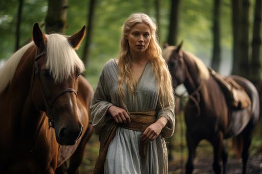 woman, blond hair, wild horses, mystic forest, the middle ages, viking woman, ocean, the middle ages, Canon EOS 5D Mark IV DSLR, f/1.8, ISO 100, 1/250 second --ar 3:2 --v 5.1 --upbeta