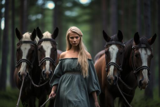 woman, blond hair, wild horses, mystic forest, the middle ages, viking woman, ocean, the middle ages, Canon EOS 5D Mark IV DSLR, f/1.8, ISO 100, 1/250 second --ar 3:2 --v 5.1 --upbeta
