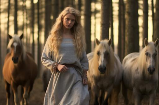 woman, blond hair, wild horses, mystic forest, the middle ages, Canon EOS 5D Mark IV DSLR, f/1.8, ISO 100, 1/250 second --ar 3:2 --v 5.1 --upbeta
