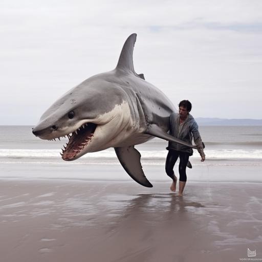 woman carrying a small dead shark over her shoulder, on the beach, ultra wide shot, hyper realistic --v 5.2