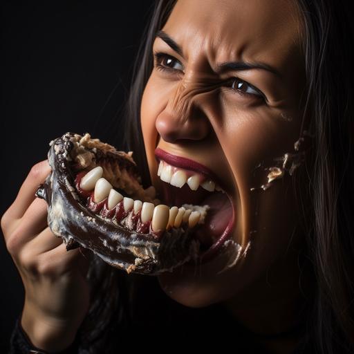 woman chewing on cake that is connected to her mouth. Very sharp dirty teeth