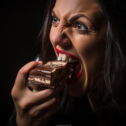 woman chewing on cake that is connected to her mouth. Very sharp dirty teeth