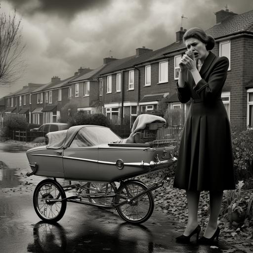 woman crying over a pram, black and white, kitchen sink dram style, 1960s, urban landscape, photo real