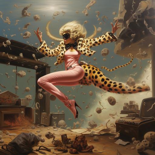 woman defeating aliens, whip, jumping in the air, leopard print suit, vinyl mask, platform shoes, japanese
