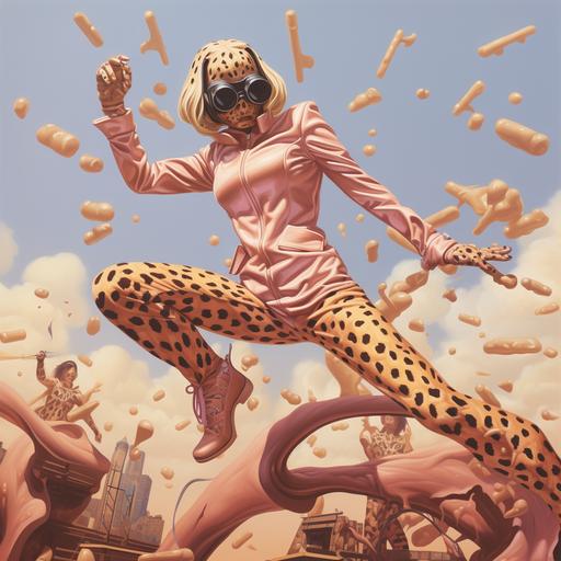 woman defeating aliens, whip, jumping in the air, leopard print suit, vinyl mask, platform shoes, japanese