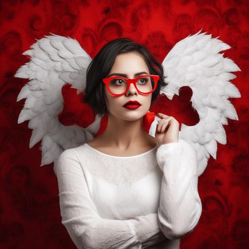 woman dressed as angel cupid with big white wings, bow and dark glasses with red hearts texture background --q 0.5 --v 5.0