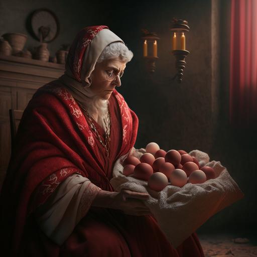 woman dressed in old roman robe giving roman counsel red colored eggs placed in red Velvet pillow, Easter atmosphere, the new beginning, textured, optic fiber, octane render, dynamic pose, volumetric lighting, perfect shading, unreal engine