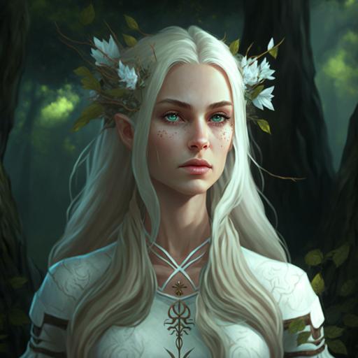 woman elf, white dress, flower in hair, in forest --q 2