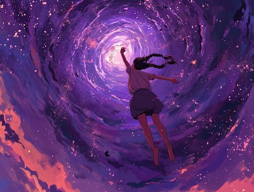 woman falling into the void, style of ghibli, woman with braided brown hair falling through space to fall into the deep yawing purple void, swirling sparkly purple void, studio ghibli animation frame --ar 4:3 --v 6.0