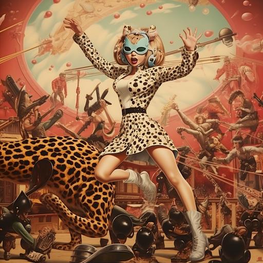 woman fighting aliens, robots, whip, jumping in the air, leopard, vinyl mask, platform shoes, japanese