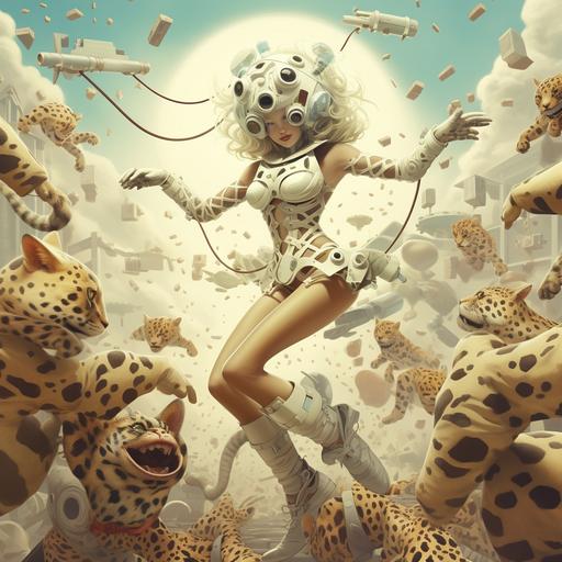 woman fighting aliens, robots, whip, jumping in the air, leopard, vinyl mask, platform shoes, japanese