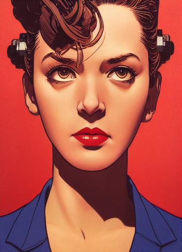 woman frowning, pout, intelligent eyes, updo, comic art, close up, head and shoulders shot, 1980s hip hop fashion, urban backdrop, style of Alex Ross, Norman rockwell, moebius, grant Wood, cinematic lighting, symmetrical composition, dramatic composition --ar 5:7 --test
