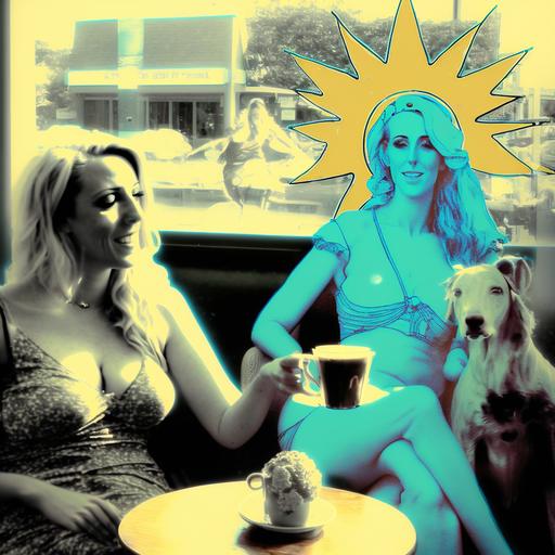 woman goddess having coffee with Jenna marbles, lady gaga, liz phair and Grimes, greyhound dogs on lap, laughing, giant flowers on table, cell phones, glass tabletops, neon signs, menu signs, pink coffee cups on the tables, sunshine coming through windows, 70's movie style, kodachrome film quality, realistic, hyper-realistic, photorealistic, Studio Lighting, reflections, dynamic pose, Cinematic, Chromatic Color Grading, Photography, Ultra-Wide Angle, Depth of Field, hyper-detailed, kodachrome film