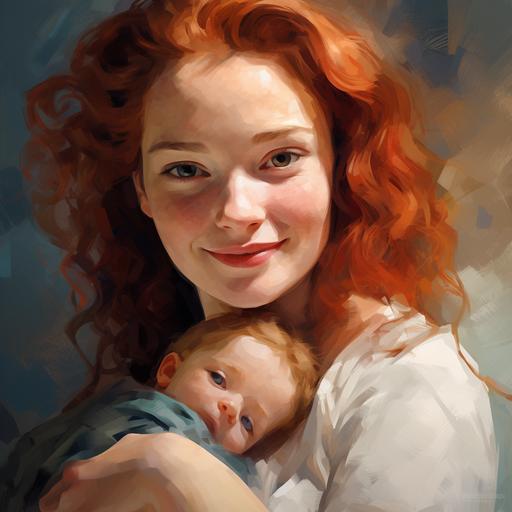 woman, honey curls, pale skin, freckles, sparkling blue eyes, smiling, holding a newborn, sketch