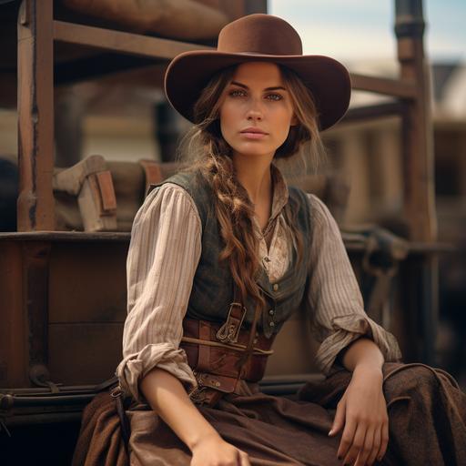 woman in Old West clothing. She is wearing a prairie dress, leather vest, and a cowboy hat. She is sitting on the back step of a wagon that she sells items from.